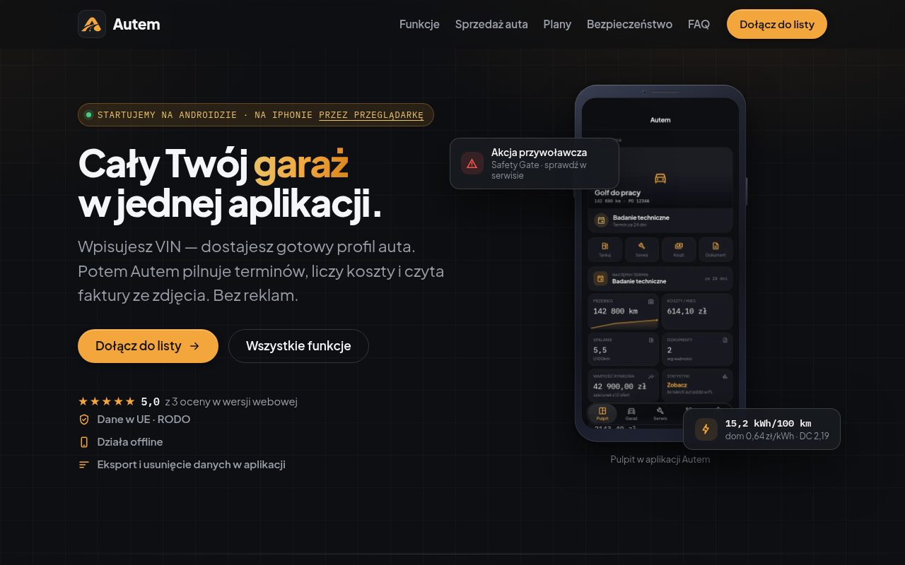 Poprzednia strona Autem: plakietka, hasło po lewej i makieta telefonu z dwoma dymkami po prawej na tle w kratkę