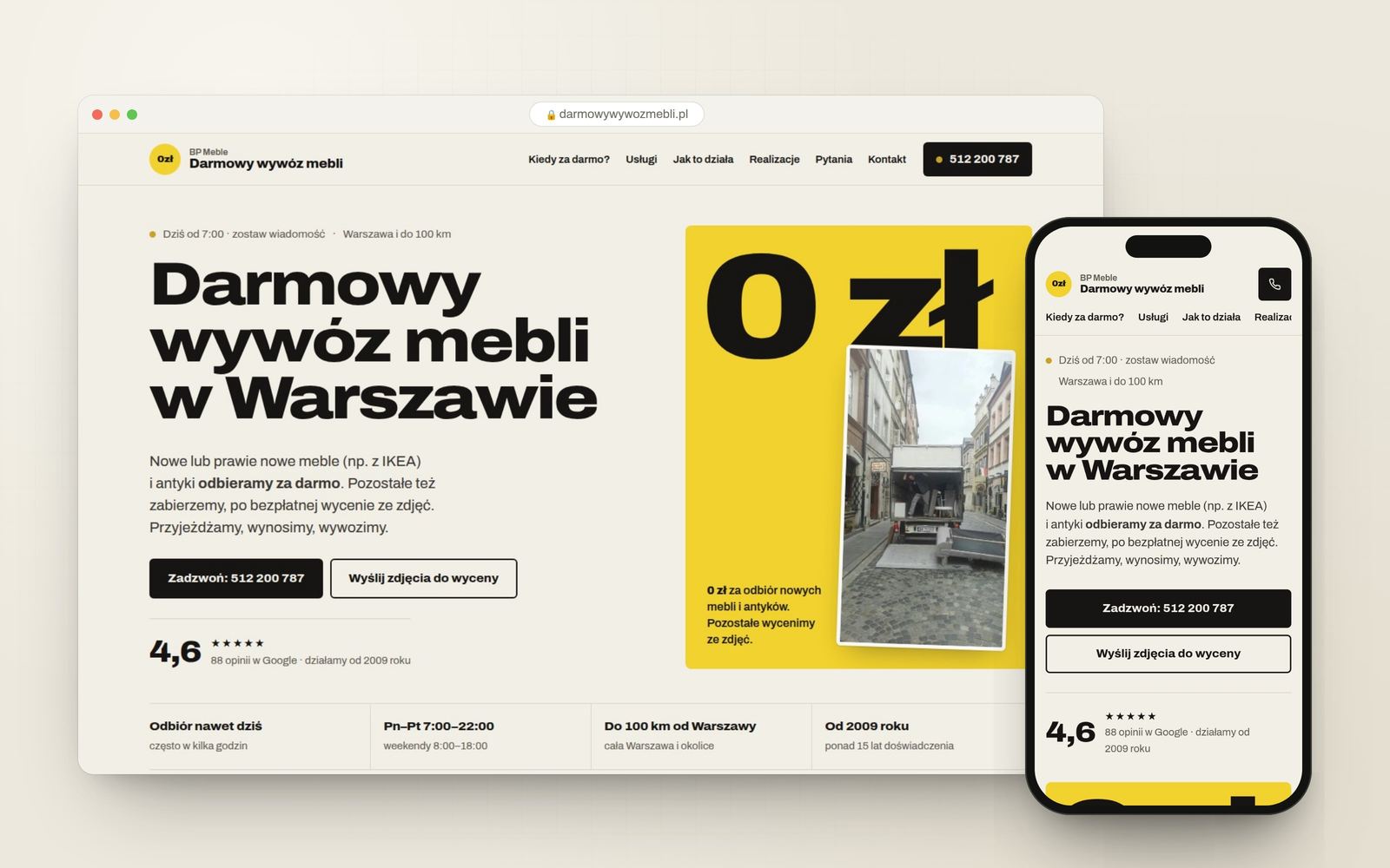 Nowa strona darmowywywozmebli.pl na komputerze i telefonie