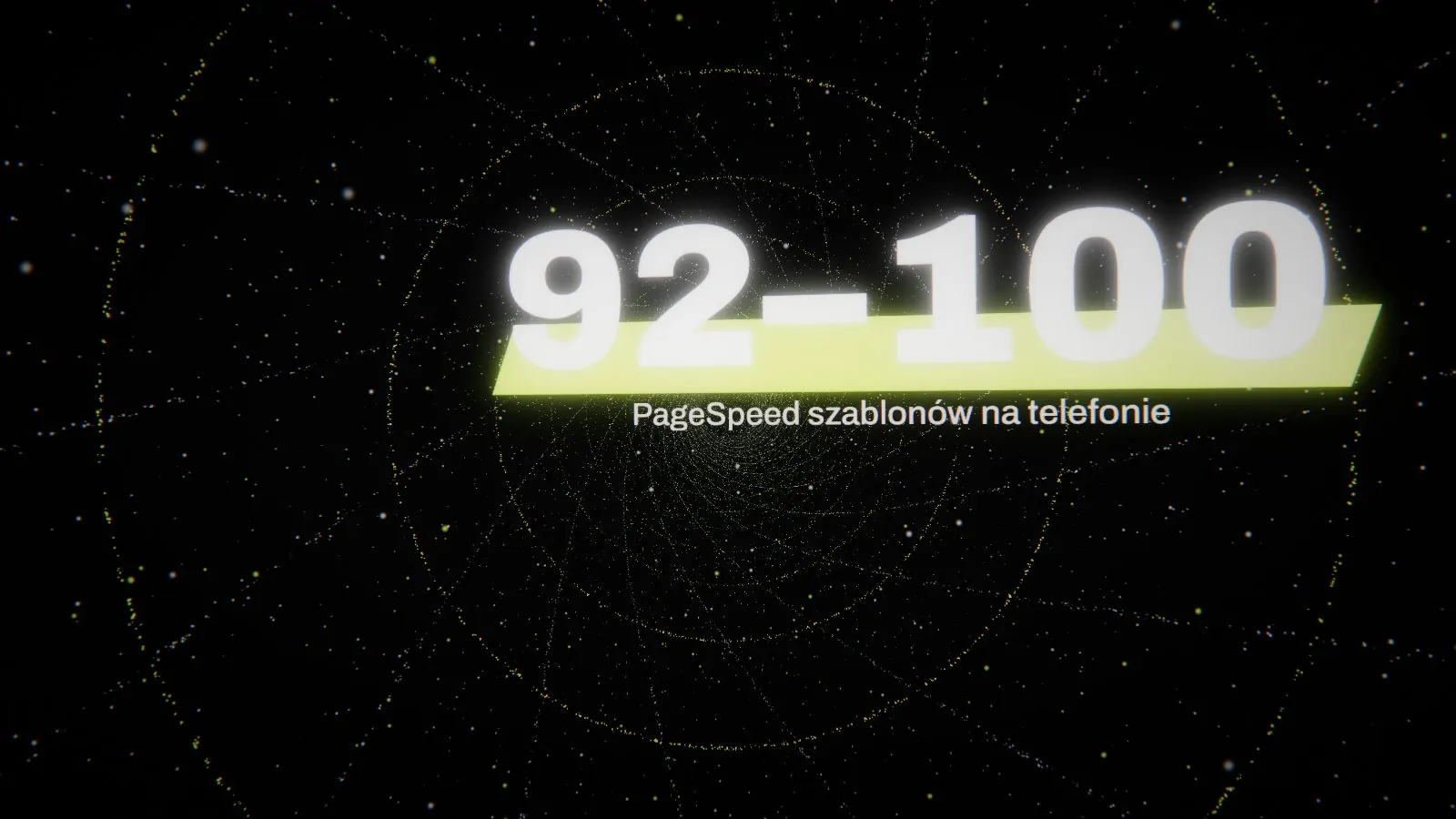 Tunel ze świecących cząstek z limonkowymi pierścieniami, na pierwszym planie liczba 92–100 na limonkowym zakreśleniu.