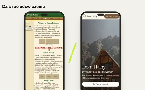 Przykładowa propozycja: stara strona zmyślonego pensjonatu w Zakopanem obok podglądu nowej na telefonie