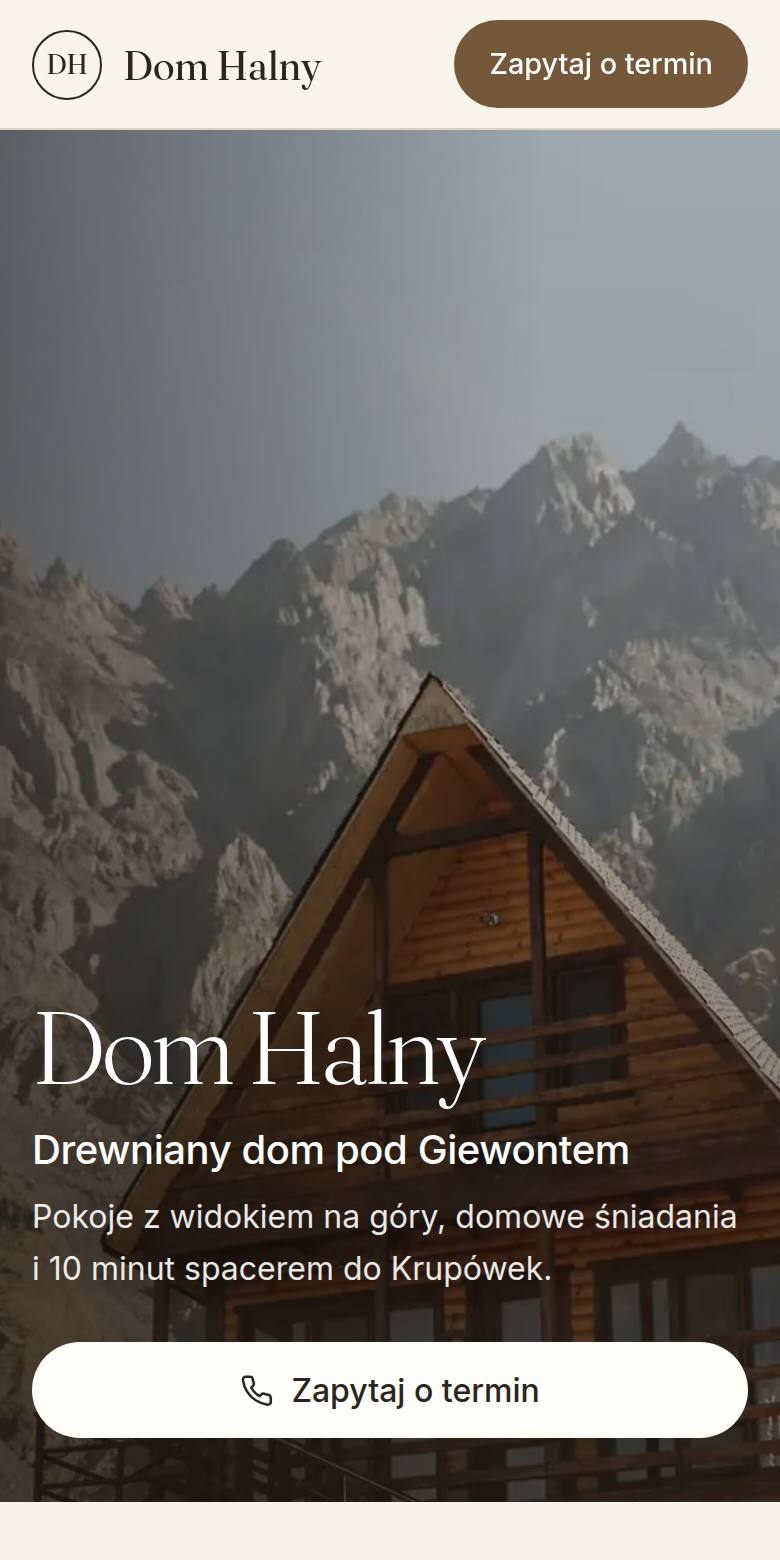 Przykładowy podgląd strony dla branży: noclegi: pensjonaty i apartamenty (dane fikcyjne)