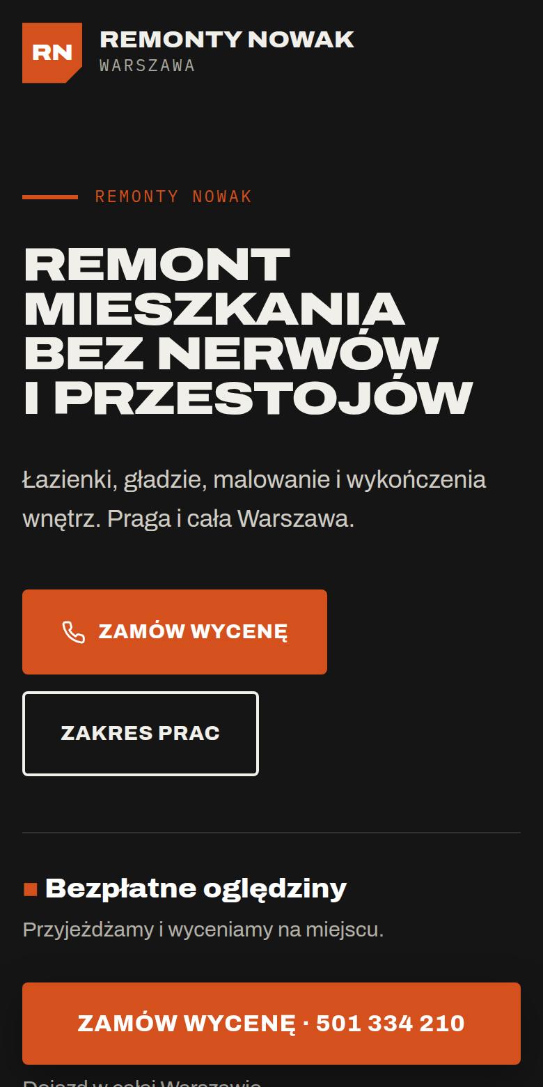 Nowa wersja strony Remonty Nowak na telefonie (przykład)